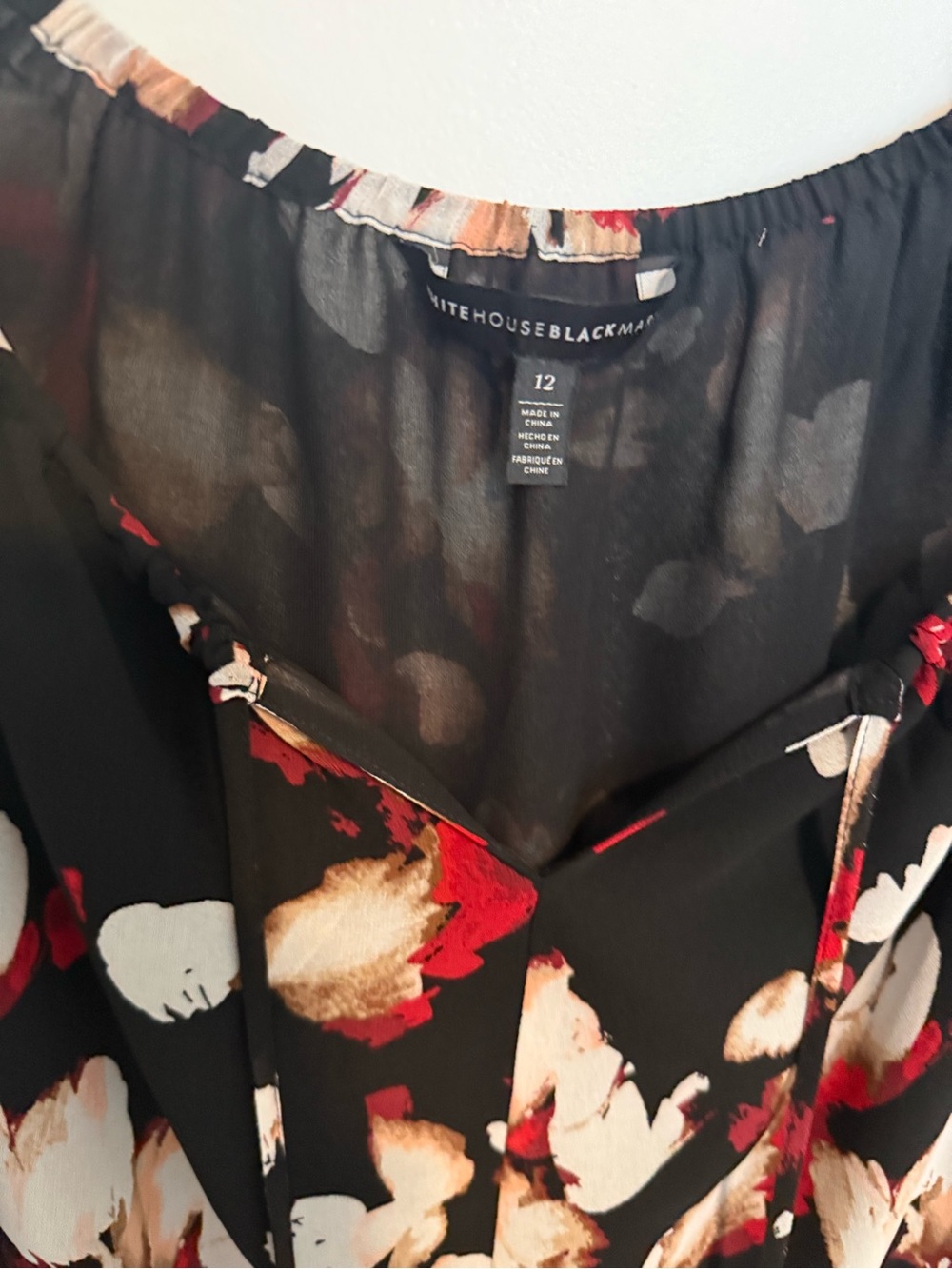 White House Black Market Black Floral Tie-Neck Sheer Blouse - Picture 3 of 5